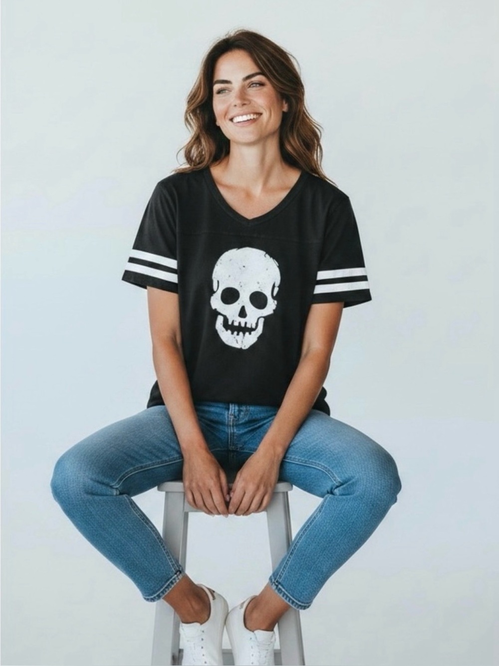 Vintage No Boundaries Skull Varsity Striped Tee Junior's XL Y2K Goth